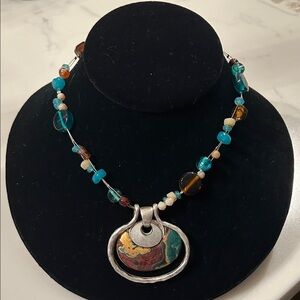 Chico's Turquoise and Brown Beaded Necklace with Silver Pendant